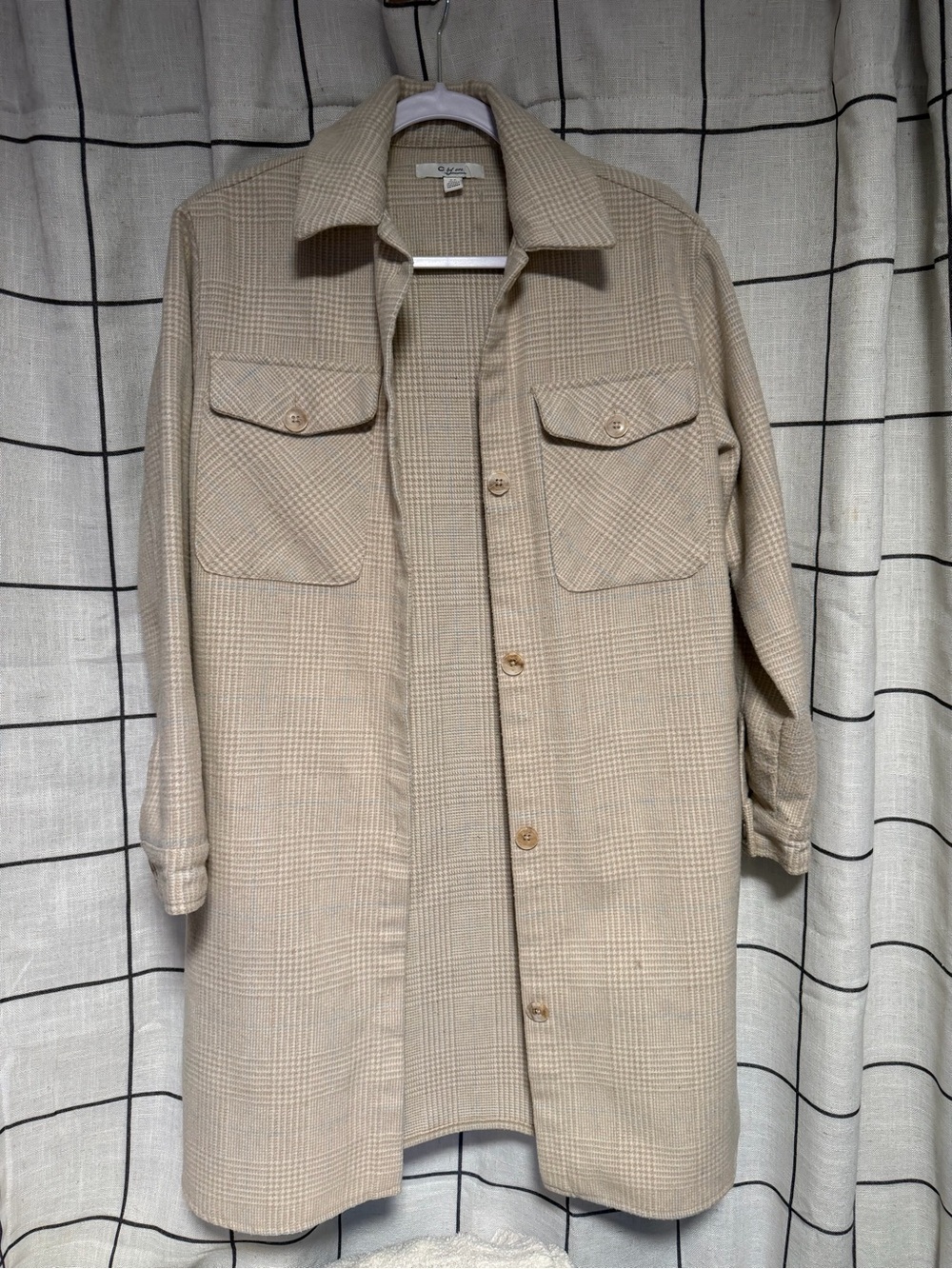 Long Beige Plaid Shacket